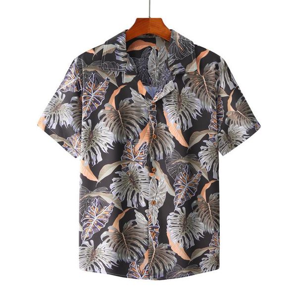 

men's jackets summer shirt beach style leaves printed hawaiian shirts casual short sleeve turn down collar blouses, Black;brown