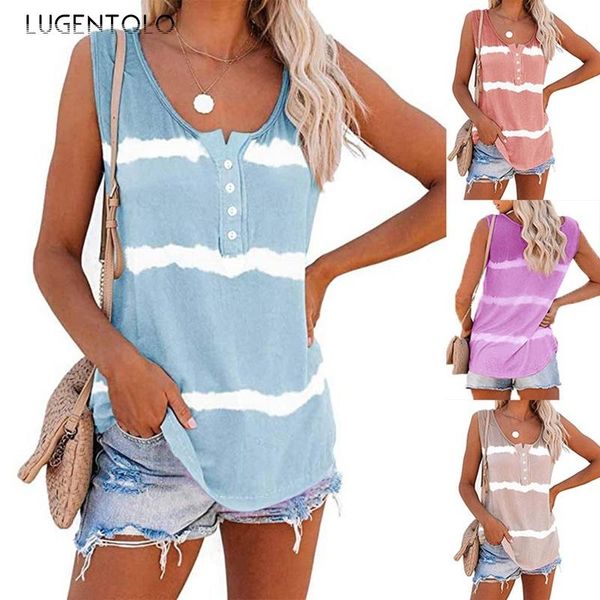 

women's tanks & camis lugentolo women summer tank loose o-neck casual tie-dye printed sleeveless button vest simple female, White