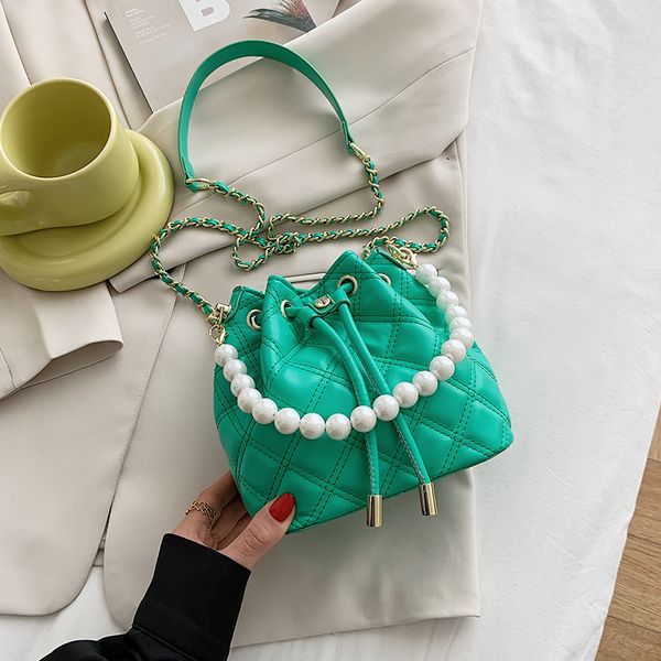 

pearl beading lingge design mini pu leather bucket crossbody bags for women 2021 trend lady ed chain shoulder handbags a3t38