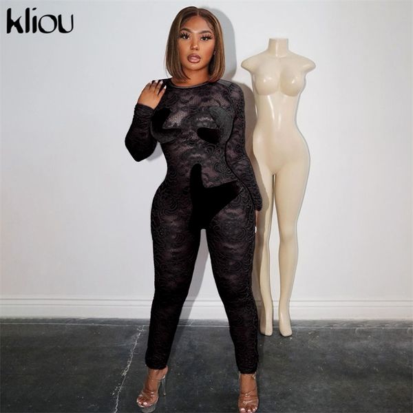 

kliou hollow out patchwork jumpsuit women o-neck full sleeve floral skinny overall female new streetwear romper 2021 outfit, Black;white