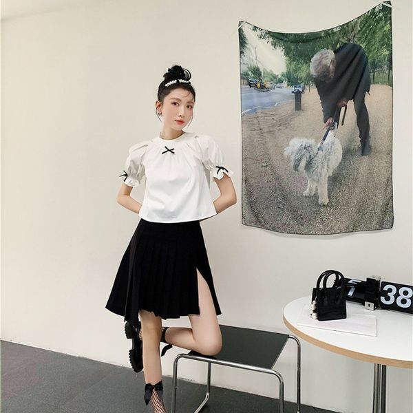 

women's knits & tees puff sleeve crop white short summer blouse women bow crewneck cute korean fashion clothing pj7x