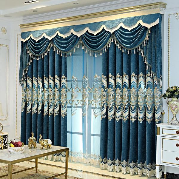 Vorhangvorhänge im europäischen Stil, hochwertige, luxuriöse, bestickte, hochwertige Chenille-Vorhänge mit eleganter Schattierung für Wohnzimmer und Schlafzimmer