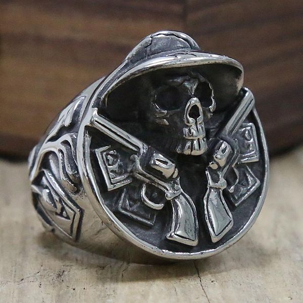 

cluster rings cool gothic double gun skull ring 316l stainless steel men's biker cowboy retro fashion jewelry wholesale, Golden;silver