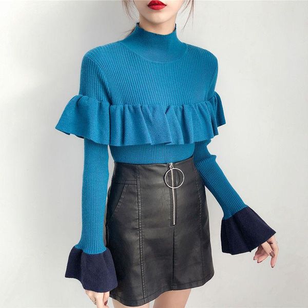 

women's sweaters pullovers flare sleeve slim ruffles knitted ladies turtleneck sweater women korean clothes autumn winter fashion bran, White;black