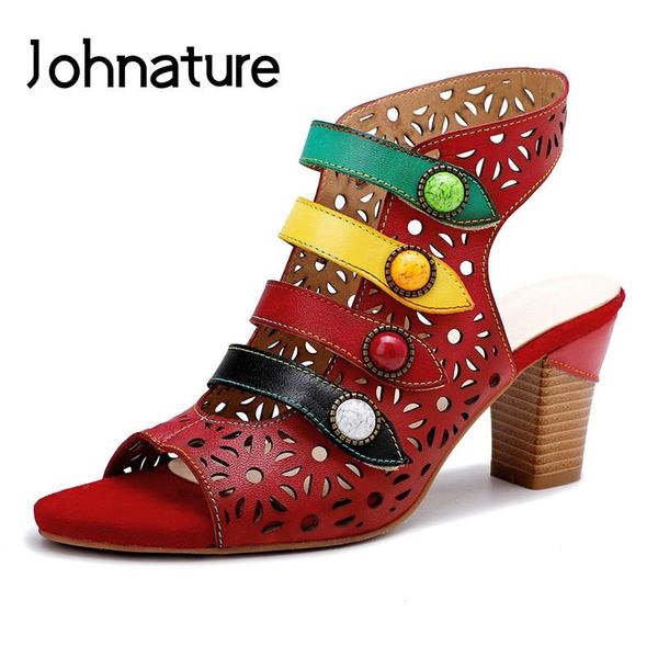 

sandals johnature women shoes 2021 spring summer genuine leather hook & loop mixed colors concise high heels ladies, Black