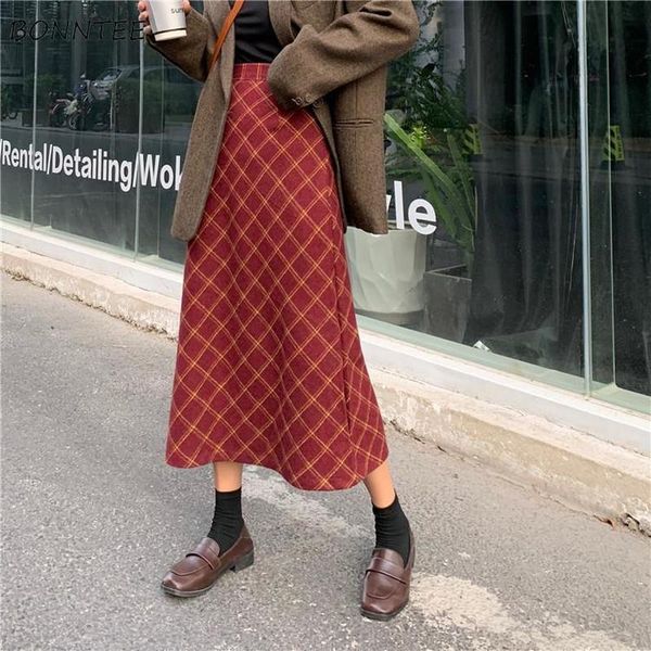 

skirts women teens winter plaid all-match vintage stylish ulzzang mid-calf retro harajuku design thicker loose warm red, Black