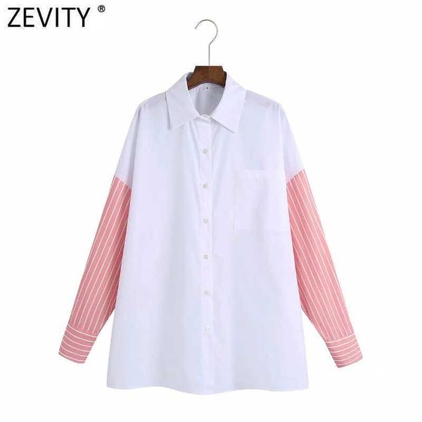 

zevity women fashion striped sleeve patchwork white smock blouse office lady pocket patch shirt chic business blusas ls9356 210603