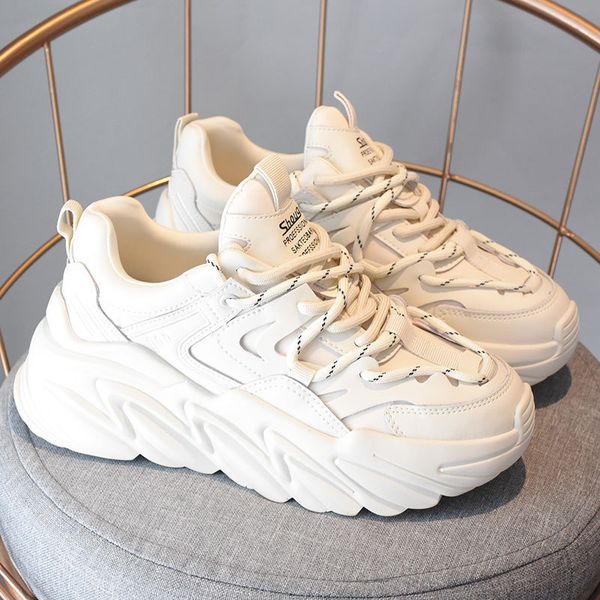 

shougu korean version solid color dad shoes women's round head show feet small lace up running muffin heel sneakers in autumn and