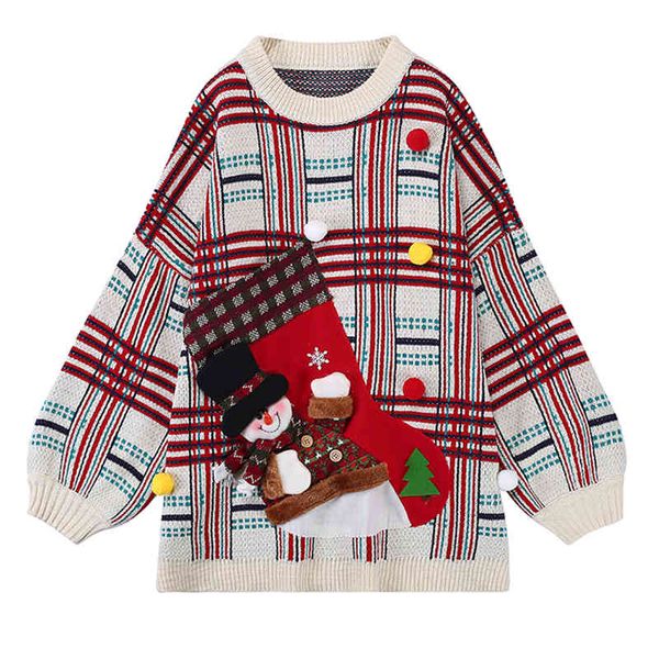 Frauen Weihnachtspullover Lose verdicken Pullover Langarm Weiß Rot Plaid Socken Patch Applikationen M0135 210514