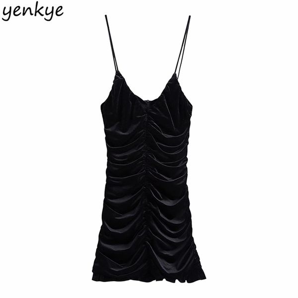 

fashion women sling draped mini female v neck sleeveless vintage black velvet dress club party vestido 210514, Black;gray