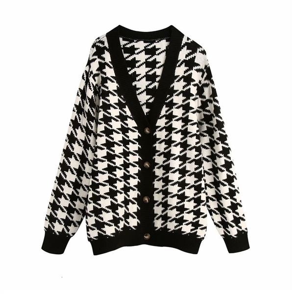 

women's sweaters women autumn casual houndstooth black knitted cardigans sweater laides fashion v-neck long sleeve plaid chic qbl0, White;black