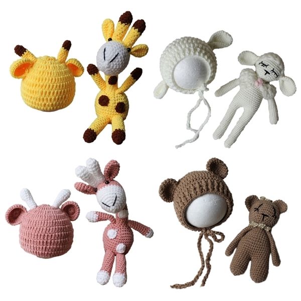 Born Baby Tierpuppen-Hut-Set, Fotografie-Zubehör, Giraffe, Schaf, Welpe, Mütze, Bär, Mütze, Kleinkind, Bebe, handgefertigt, gestricktes Spielzeug 211023