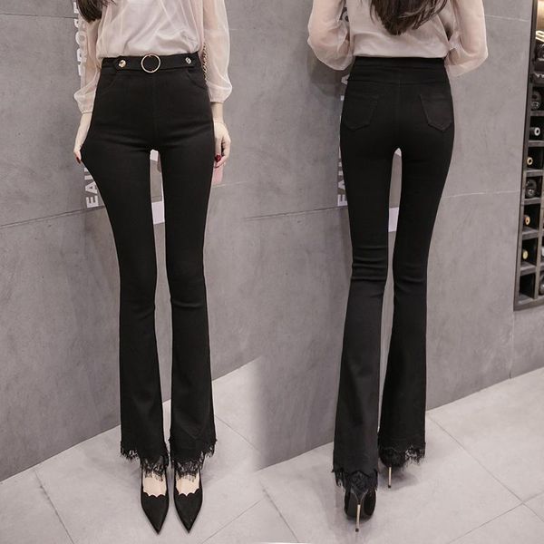 

women's pants & capris 2021 spring and autumn fashion micro bell bottom female lace high waist was thin black large size leggings trous, Black;white