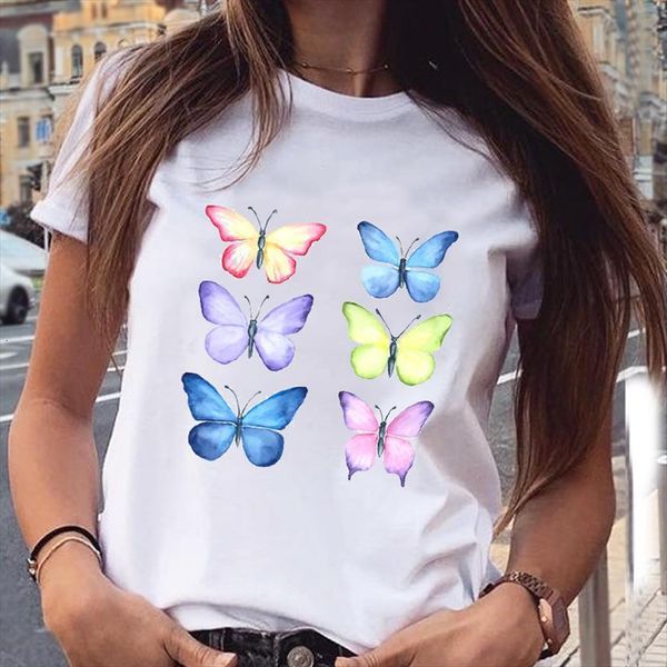 

graphic watercolor butterfly summer womens t shirts spring cartoon trend casual fashion print female clothes tees shirt, White