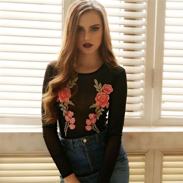 

women's jumpsuits & rompers women long sleeve embroidered floral sheer mesh bodysuit leotard appliques casual summer o-neck, Black;white