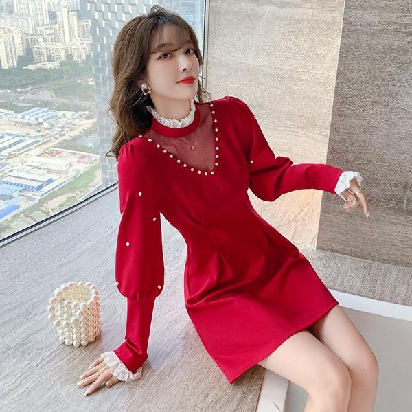

casual dresses spring red luxurious splicing net yarn elegant pastel vestidos trendy sweet mini dress women french retro clothes, Black;gray