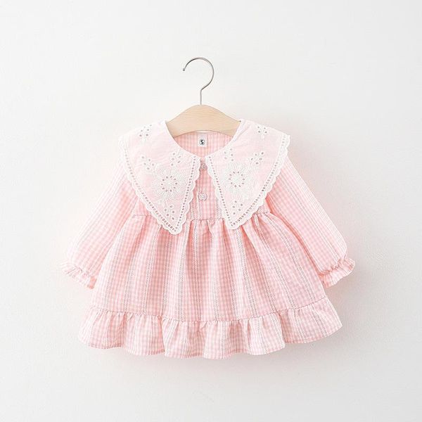 

girl's dresses 2021 autumn baby girls long sleeve lace lapel collar plaid print princess party children kids pleated dress vestidos, Red;yellow