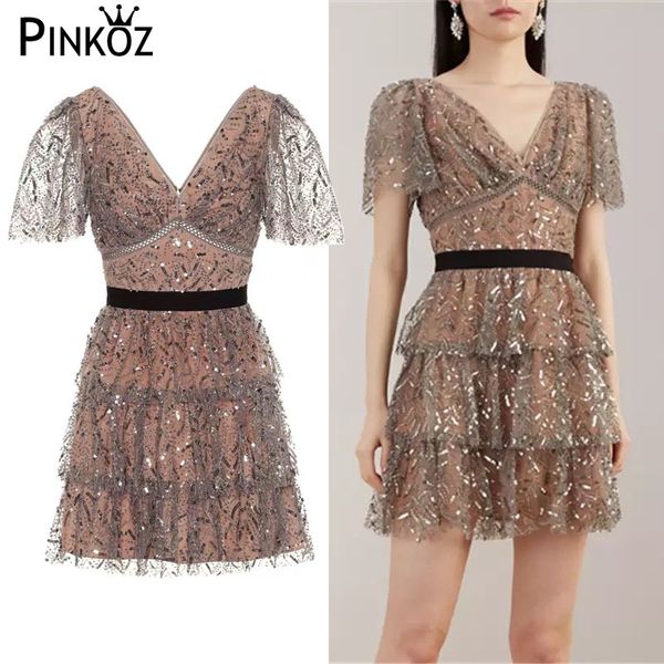 

celebrity luxury sequined v-neck layered high waist short sleeve mini dresses england style summer holiday dress femme 210421, Black;gray