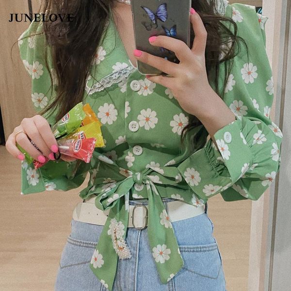 

junelove 2021 spring korean chiffon floral print blouse shirt women puff sleeve female office shirts lady outfits women's blouses &, White