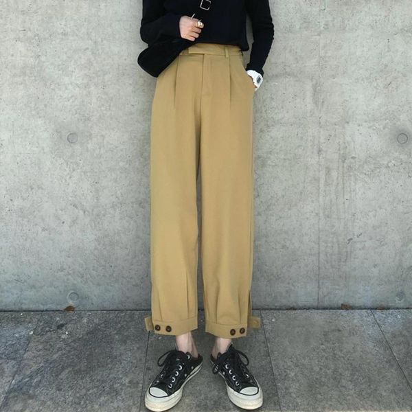 

women's pants & capris all-match loose female suit high waist buttons solid women trousers 2021 straight summer femme, Black;white