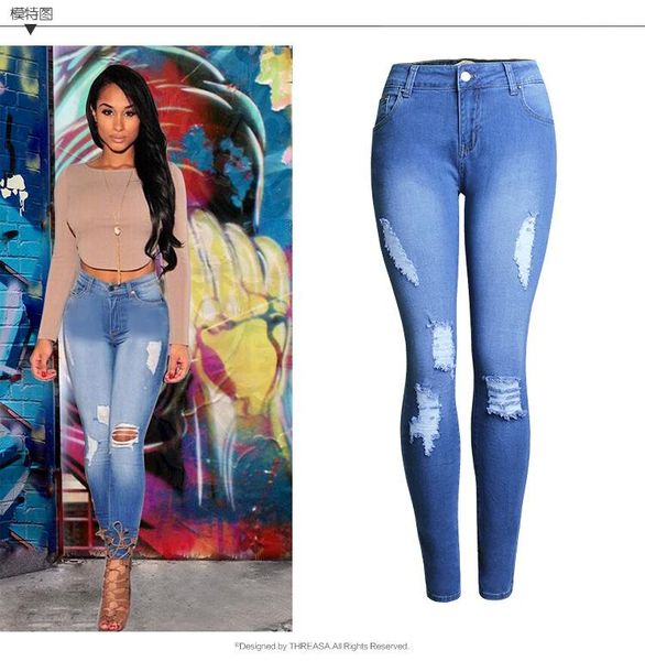 

casual blue jeans woman cotton denim trousers skinny mid waist slim ripped hole pencil pants cowboy femme women's