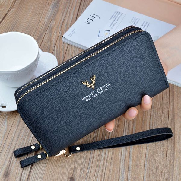 

double zipper wallet women's long mobile phone bag fashion korean version large capacity double-layer wallet hand bag, Black