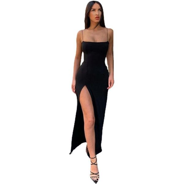 

casual dresses backless strap split summer dress female elastic long sleeveless camisole clubwear evening party vestido girls fs1246, Black;gray