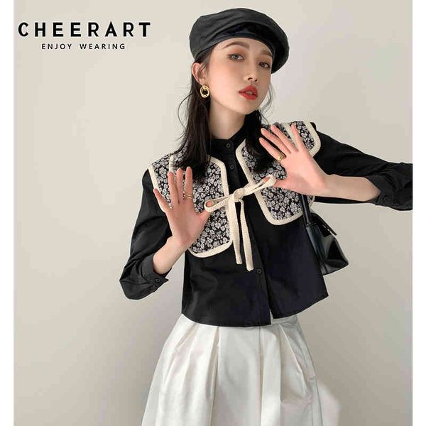 

vintage 2 piece crop and blouse women black long sleeve button up stand collar designer shirt fashion 210427, White