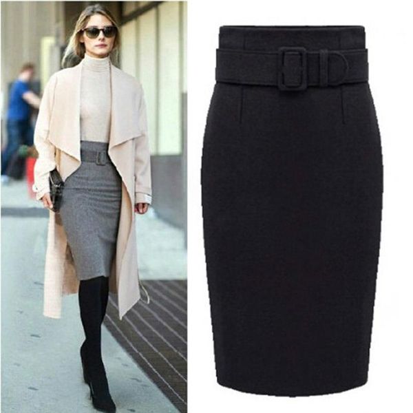 

fashion autumn winter cotton women skirts plus size high waist casual midi pencil skirt female, Black