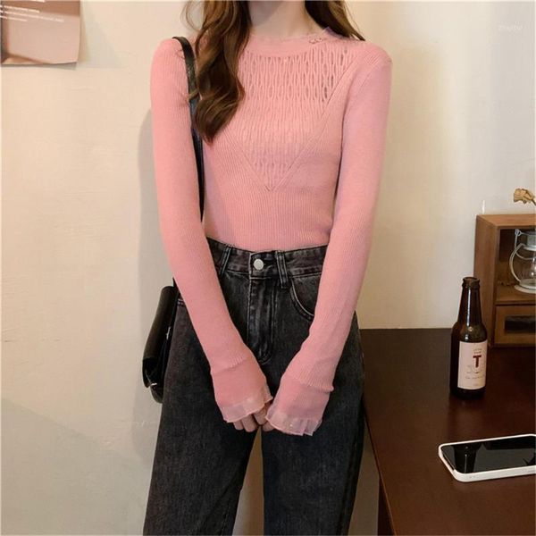 

women's sweaters autumn winter sweater women korea hollow out slim knit pullovers female lace splice bottoming knitted, White;black