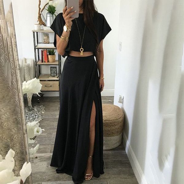 

women set with maxi skirt black split ladies suit crop tshirt short sleeve and high waist skirts summer loose casual fashion 210518, White