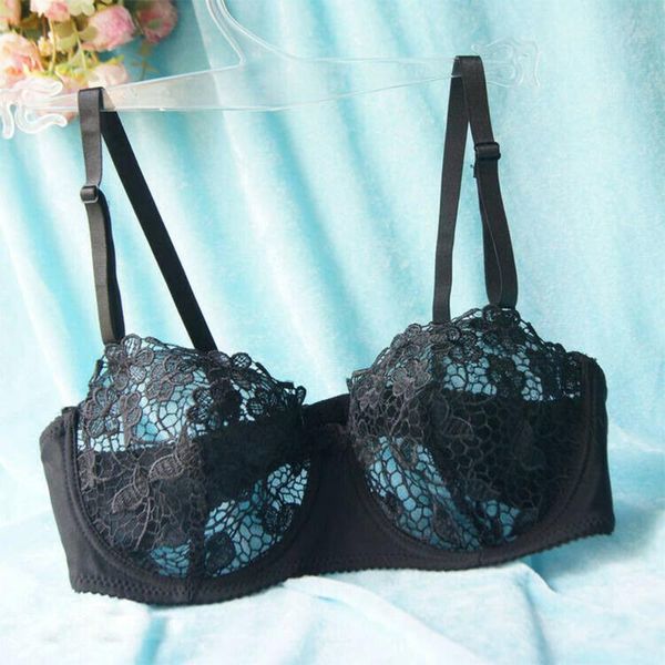 

bras vgplay hollow lace lingerie mesh embroidery floral women bra solid plunge half cup brassiere underwire for, Red;black