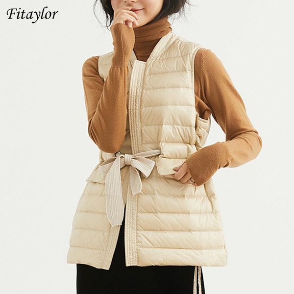 

women's down & parkas fitaylor winter light feather vest jacket women warm white duck sleeveless coat adjustable waist slim underwaist, Black
