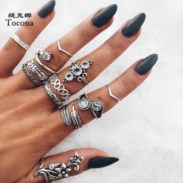 

ring tocona 13pcs/sets silver color shiny crystal stone flowers sets for women men leaf wave geometric wedding jewelry 7013, Golden;silver
