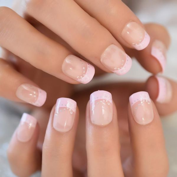 

nude pink french fake nails flower pattern glitter press on full cover wearable medium acrylic false nail tip manicure for girl, Red;gold