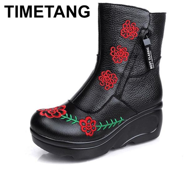 

boots timetang winter handmade national wind women's shoes genuine leather wedges thick bottom platform, Black