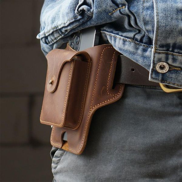 Outdoor-Taschen Leder Handy Gürtel Taille Tasche für Männer Männlich Vintage Handgemachte Schleife Holster Handy Abdeckung Fall Halter Mann O20 21