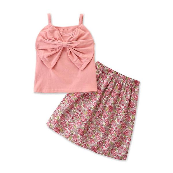 

clothing sets summer girl set pink bowknot cotton vest + floral shorts 2pcs children clothes suits, White