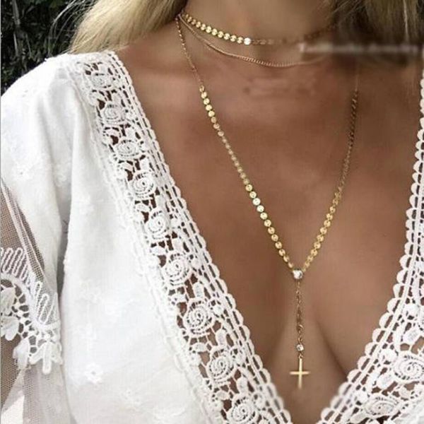

pendant necklaces exaggerated gold color crystal sequin choker necklace for women long chain cross multilayer statement collier, Silver