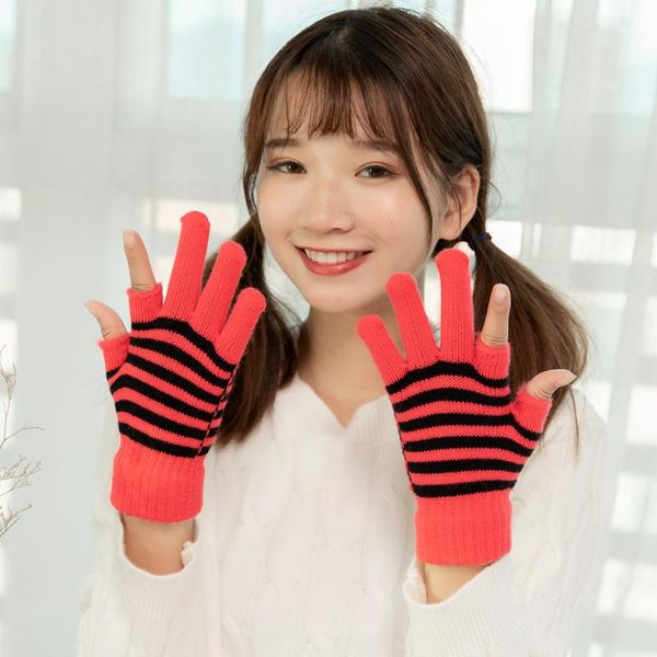 

five fingers gloves winter men and women style striped fingerless outdoor cycling sports warm knit touch screen finger, Blue;gray