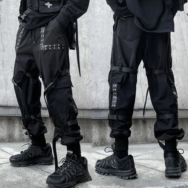 

mens hip hop cargo pants ribbons elastic waist 2021 joggers sweatpants male black streetwear fashion men casual trousers men's