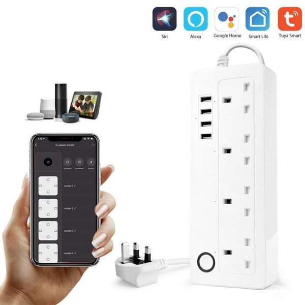 

smart power plugs tuya wifi strip with 4 usb ports extension cord, for alexa google assistant voice control socket