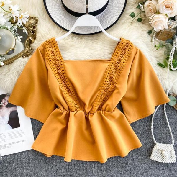 

women's blouses & shirts 2021 women short blouse square collar flare sleeve shirt ladies ruffle solid color and jw9196, White