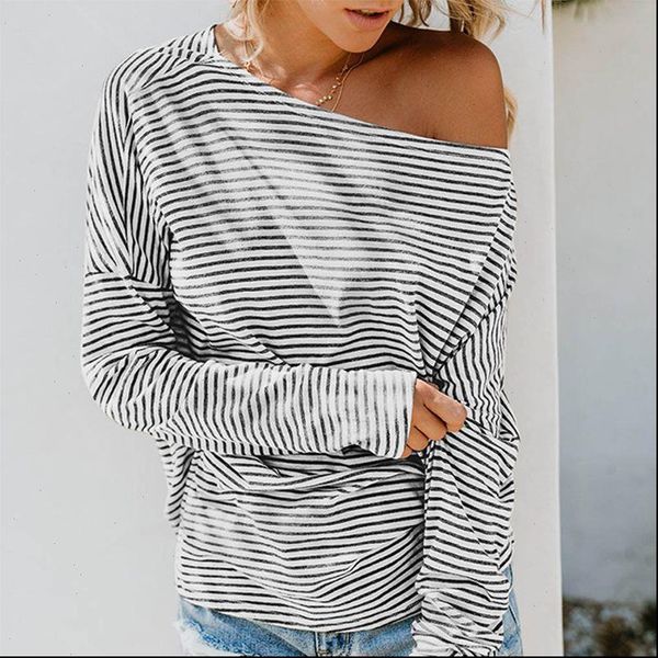 

women womens tshirt stripes print slash collar off shoulder long bat sleeve casual camiseta autumn loose pullover vetements, White