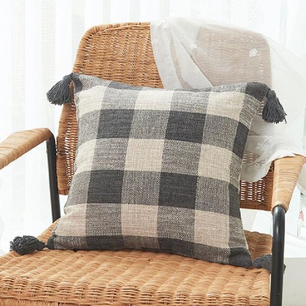 

cushion/decorative pillow home decorative striped grid cotton tassel cover for simple art style square cushion