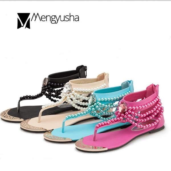 

big rhinestone string bead ethnic style clip toe sandales femmes metal anti-collision zipper sandalias beads studs flats sandals, Black