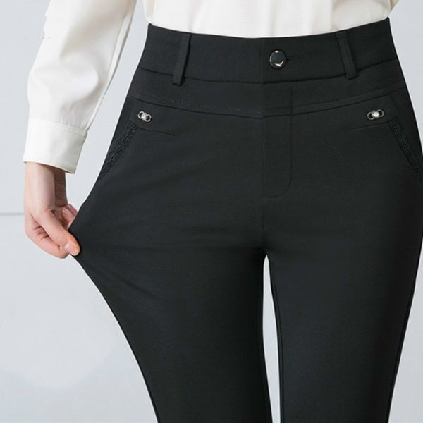 

women's pants & capris middle aged women spring autumn straight female high waist plus size casual solid color trousers pantalon f, Black;white