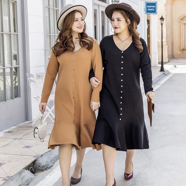 

casual dresses plus size women's autumn and winter fashion knitted dress v-neck pullover bottoming fishtail skirt oversized loose, Black;gray