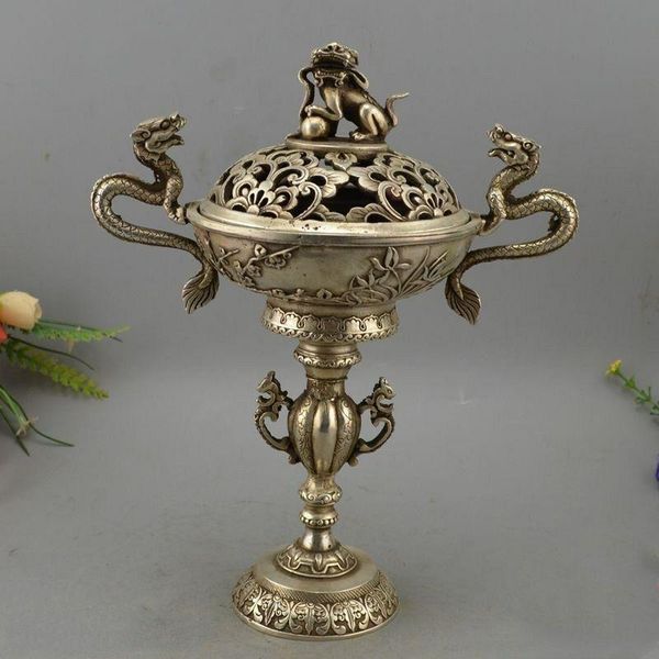 

chinese white copper hand carved two dragon incense burner statue fragrance lamps