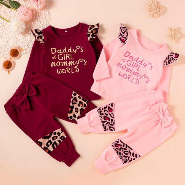 

clothing sets 0-24m born baby girls set autumn long sleeve letter leopard print bow trouser pants outfits toddler infant, White